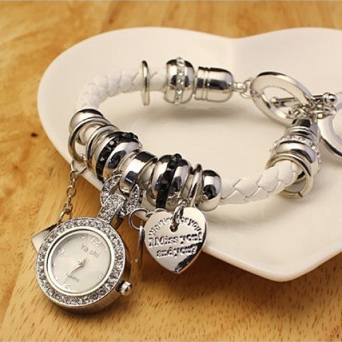 Woman Vintage WristWatch Heart Pandent Bracelet Jewelry Unique Design Weave Leather Strap