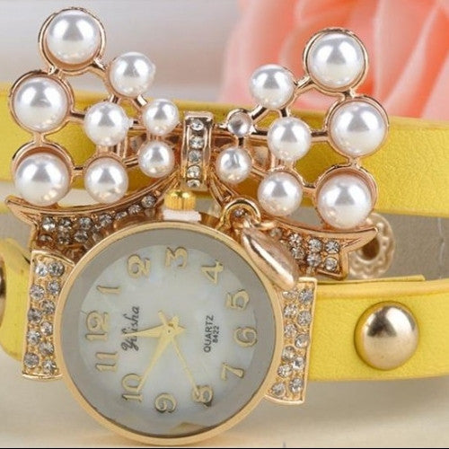 Leather Strap Wrap Around Watch Rhinestone Girls Bracelet Wristwatches, Unique Design Full Pearl Bead Bowknot PU