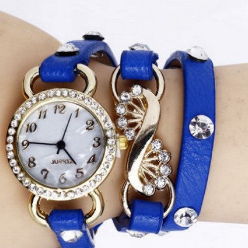 Fashion Rhinestone Leather Band Bracelet Quartz Wrist Dress Watch For Female